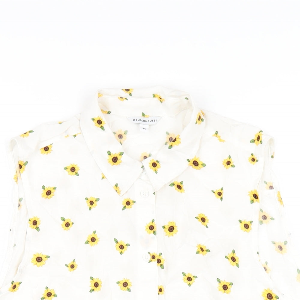 Clockhouse Womens White Geometric Viscose Basic Button-Up Size 12 Collared