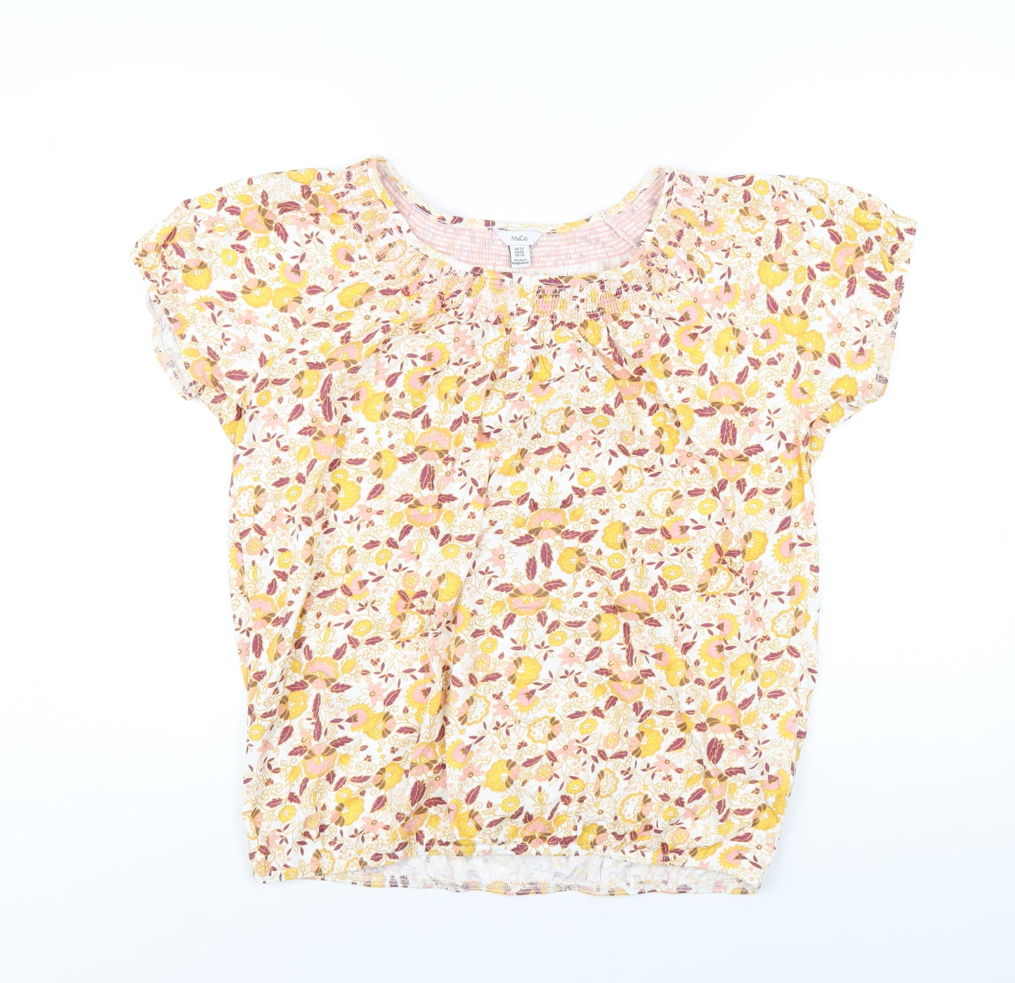 M&Co Womens Multicoloured Floral Cotton Basic T-Shirt Size 14 Boat Neck