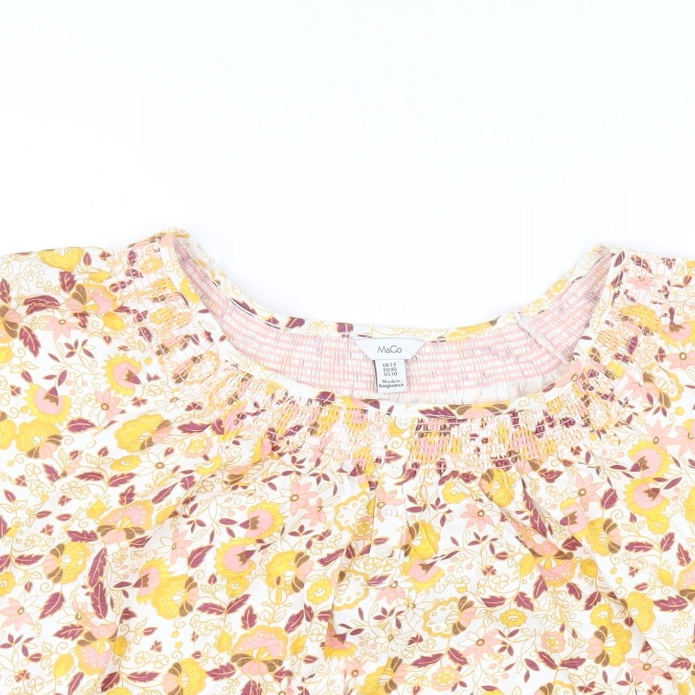 M&Co Womens Multicoloured Floral Cotton Basic T-Shirt Size 14 Boat Neck