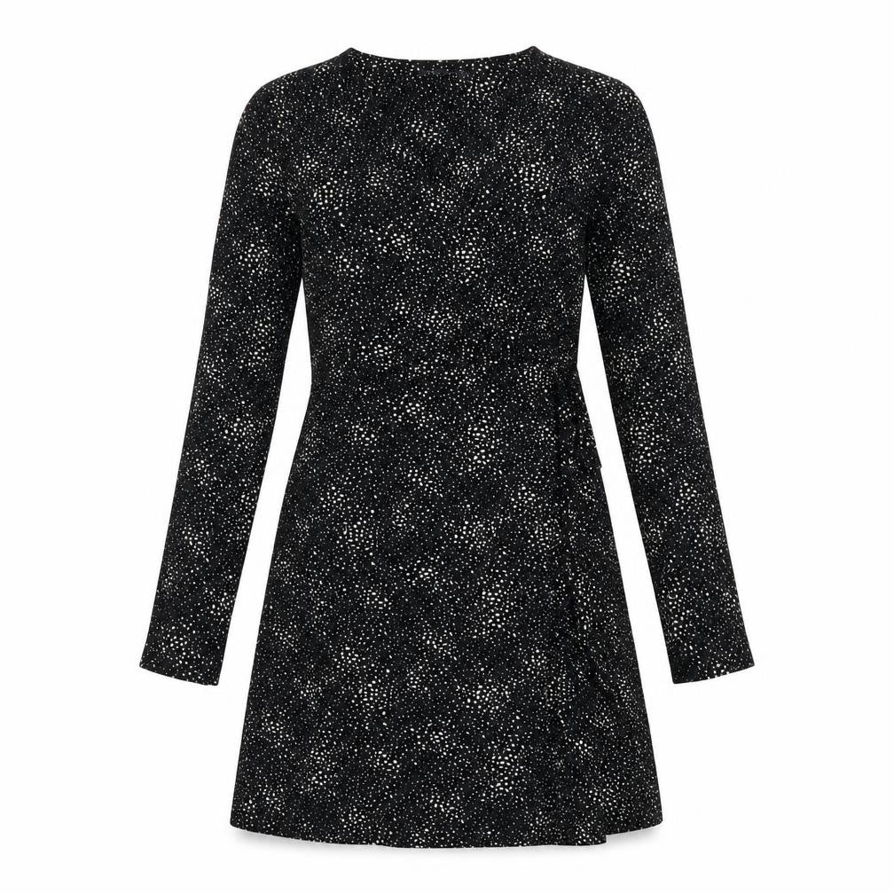 Front view of Marks & Spencer women’s black geometric viscose a-line, size UK 12, round neck pullover