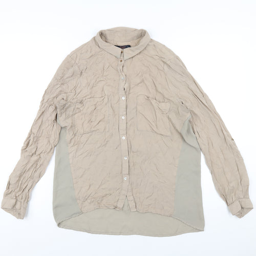 Bershka Womens Beige Polyester Basic Button-Up Size L Collared