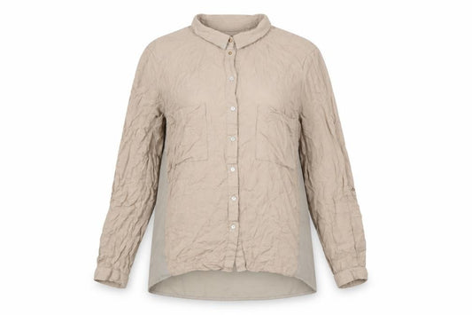 Front view of Bershka women’s beige polyester basic button-up, size L, collared