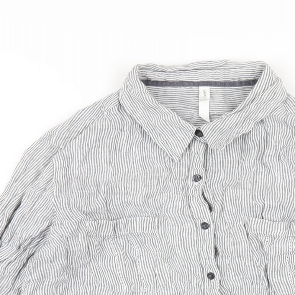 Marks and Spencer Womens Grey Striped Linen Basic Button-Up Size 14 Collared