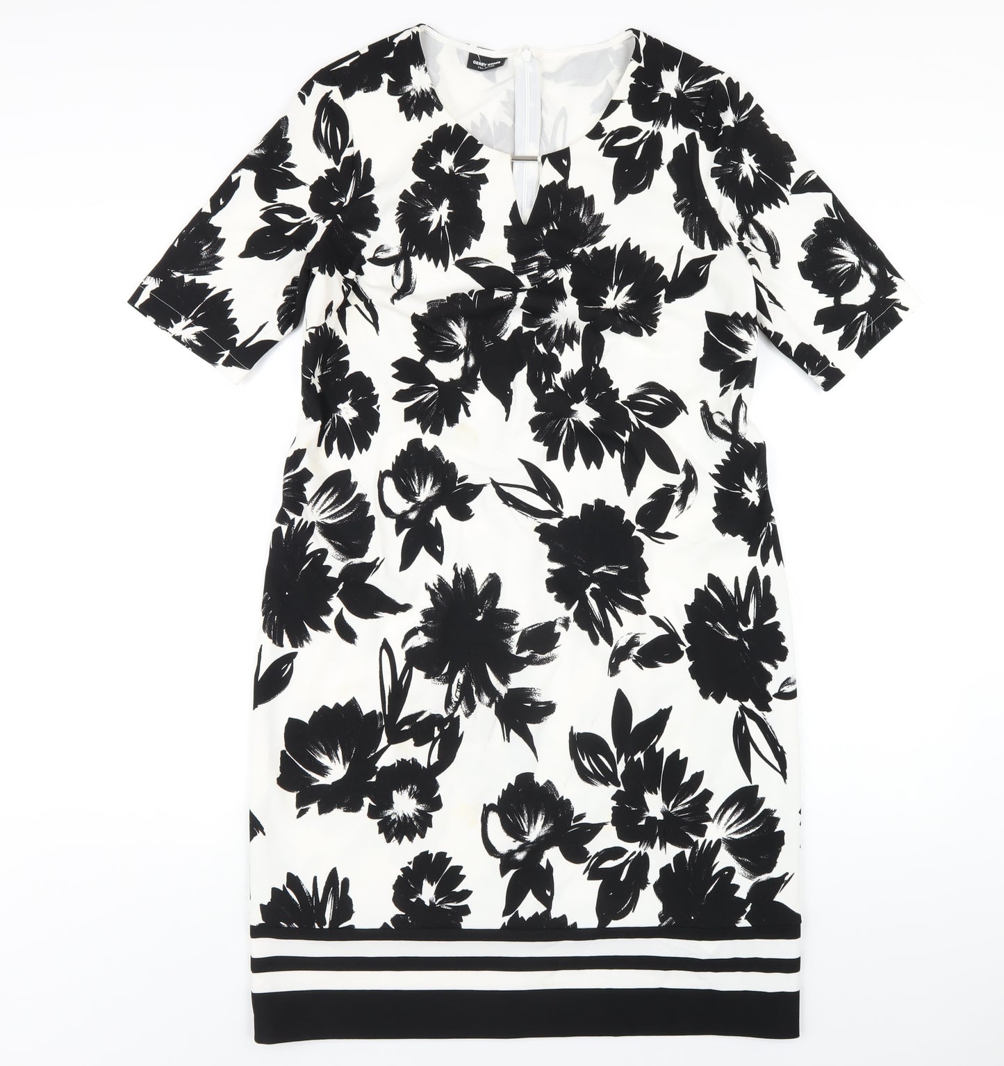 Gerry Weber Womens Black Floral Polyester A-Line Size 12 Round Neck Zip