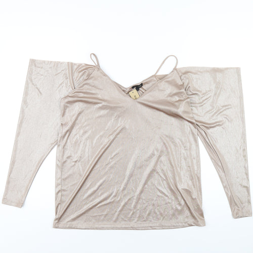 River Island Womens Gold Polyester Basic T-Shirt Size 8 V-Neck - Cold Shoulder