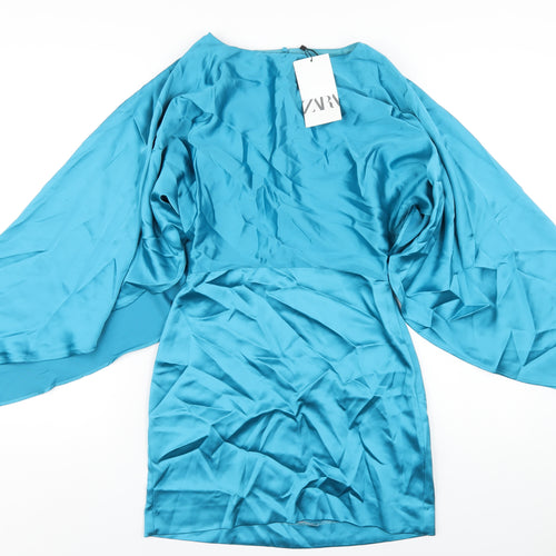 Zara Womens Blue Polyester Mini Size XS Off the Shoulder Zip