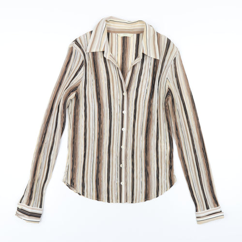 Marks and Spencer Womens Brown Striped Polyester Basic Button-Up Size 14 Collared