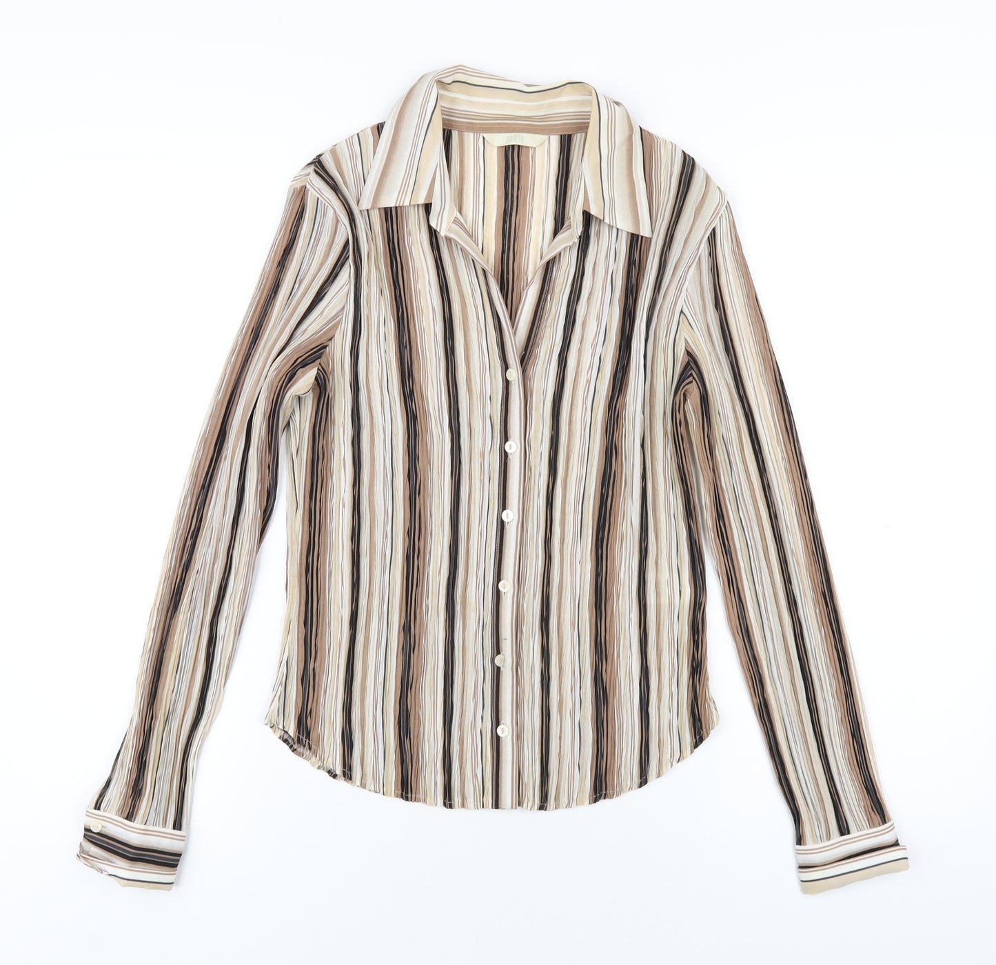 Marks and Spencer Womens Brown Striped Polyester Basic Button-Up Size 14 Collared