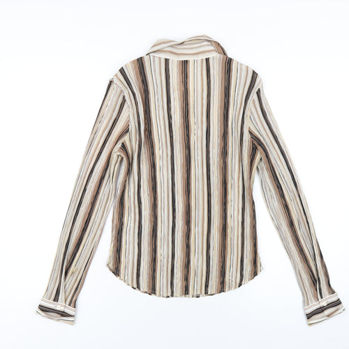 Marks and Spencer Womens Brown Striped Polyester Basic Button-Up Size 14 Collared