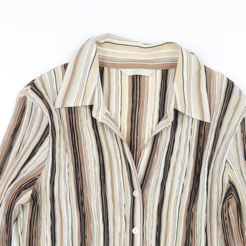 Marks and Spencer Womens Brown Striped Polyester Basic Button-Up Size 14 Collared
