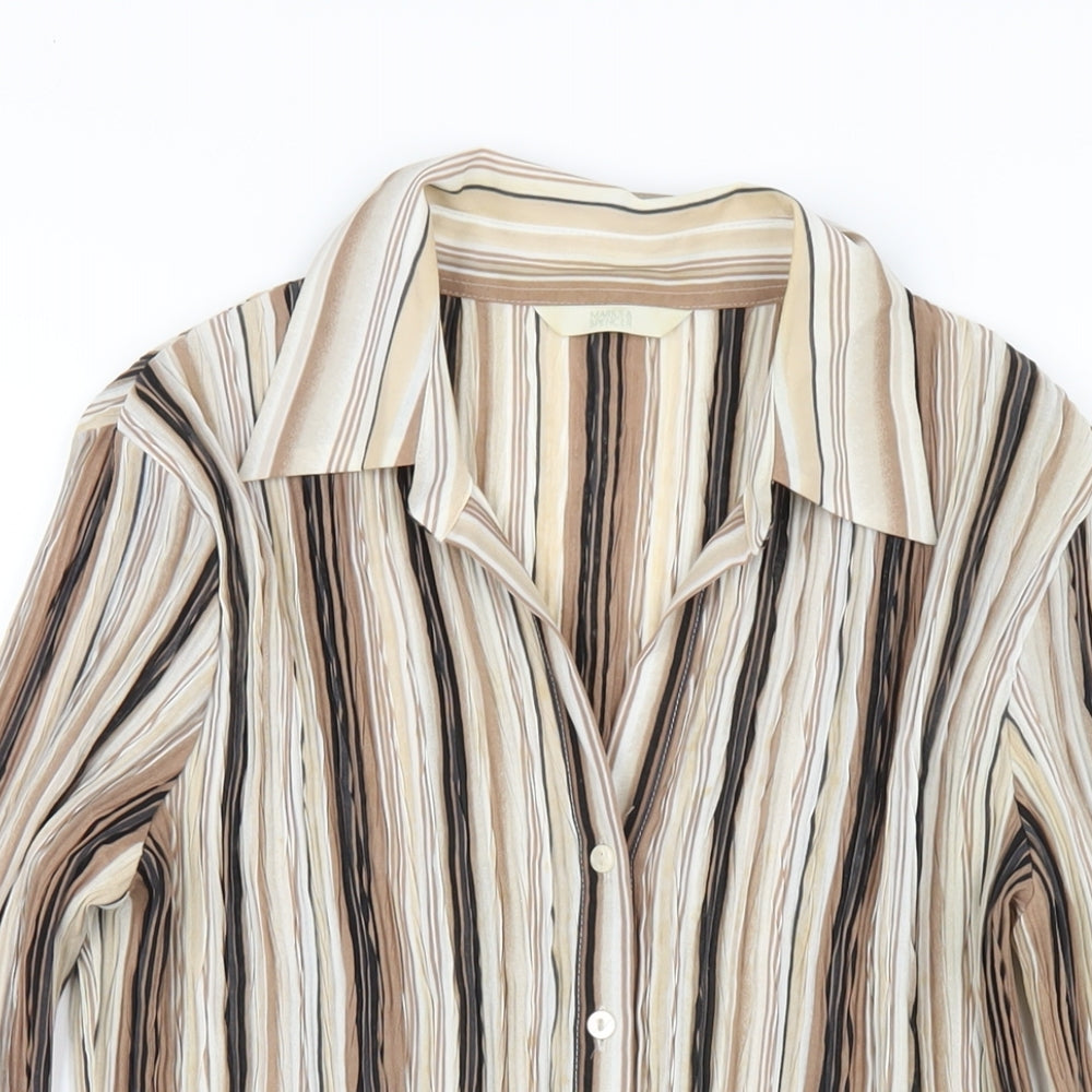 Marks and Spencer Womens Brown Striped Polyester Basic Button-Up Size 14 Collared