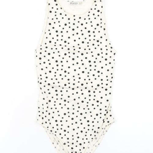 Stradivarius Womens Ivory Polka Dot Polyester Bodysuit One-Piece Size S Snap