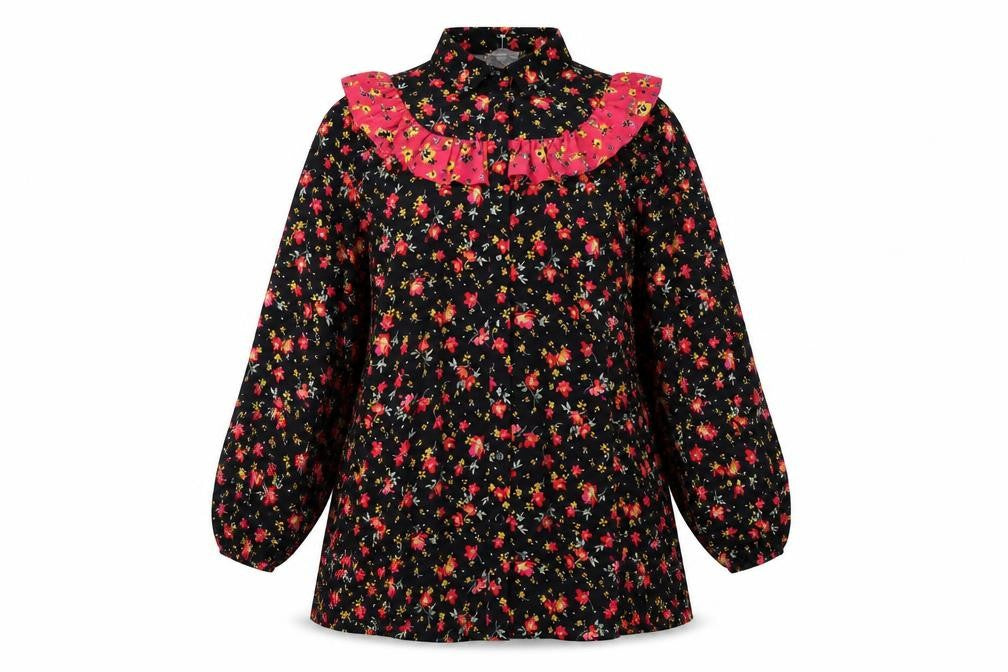 Front view of ASOS women’s black floral polyester shirt dress, size UK 10, collared button