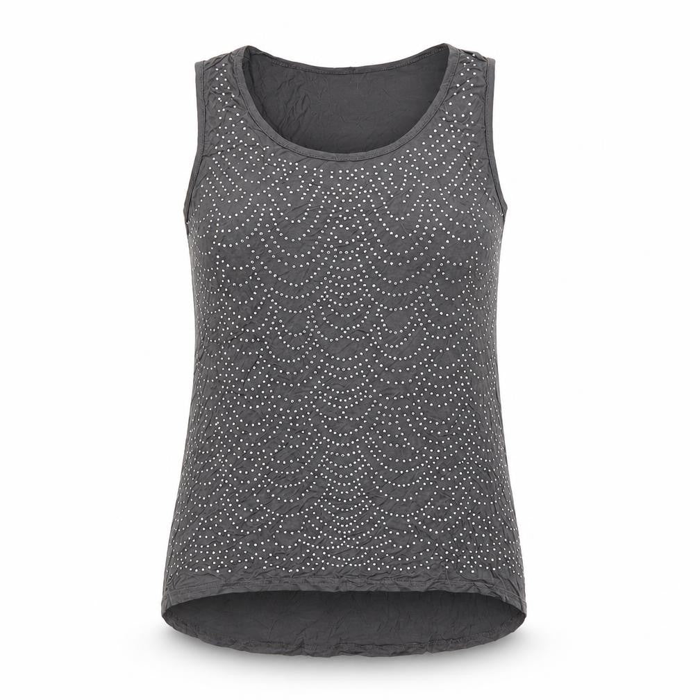 Front view of QED London women’s grey viscose basic tank, size M, round neck - studded