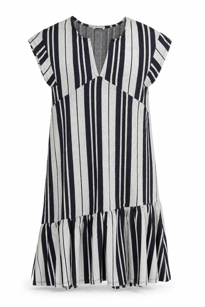 Front view of Zara women’s grey striped polyester a-line, size M, v-neck pullover