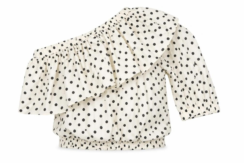 Front view of Topshop women’s ivory polka dot polyester basic t-shirt, size UK 8, one shoulder