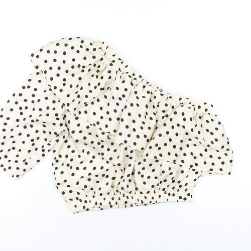 Topshop Womens Ivory Polka Dot Polyester Basic T-Shirt Size 8 One Shoulder