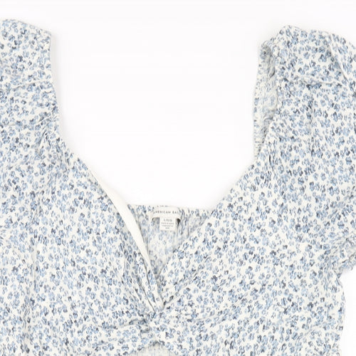 American Eagle Outfitters Womens Blue Floral Cotton A-Line Size L V-Neck Pullover