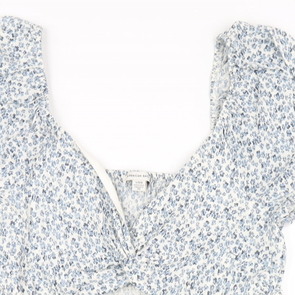 American Eagle Outfitters Womens Blue Floral Cotton A-Line Size L V-Neck Pullover