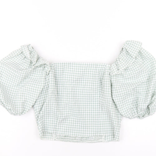 New Look Womens Green Check Polyester Cropped T-Shirt Size 10 Square Neck