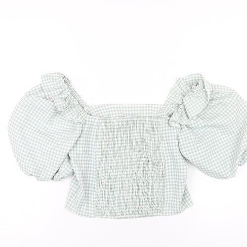 New Look Womens Green Check Polyester Cropped T-Shirt Size 10 Square Neck