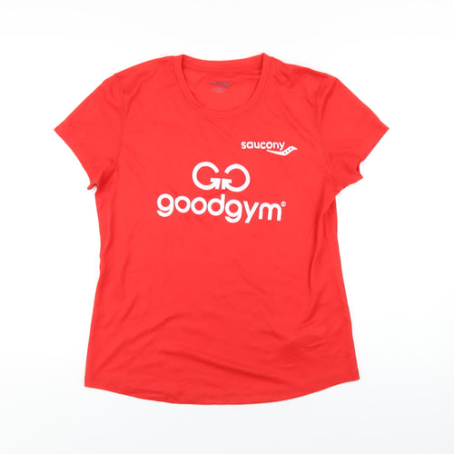 Saucony Womens Red Polyester Basic T-Shirt Size L Round Neck Pullover