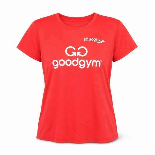 Front view of Saucony women’s red polyester basic t-shirt, size L, round neck pullover