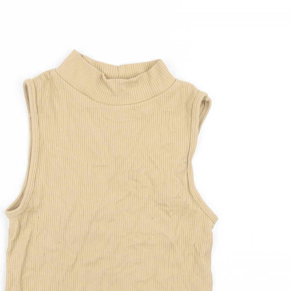 Stradivarius Womens Beige Polyester Cropped T-Shirt Size S Mock Neck