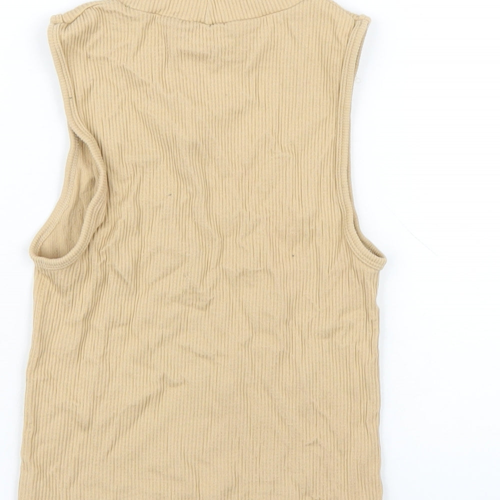 Stradivarius Womens Beige Polyester Cropped T-Shirt Size S Mock Neck