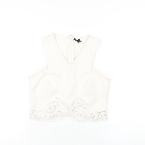 Topshop Womens White Polyester Cropped T-Shirt Size 10 V-Neck