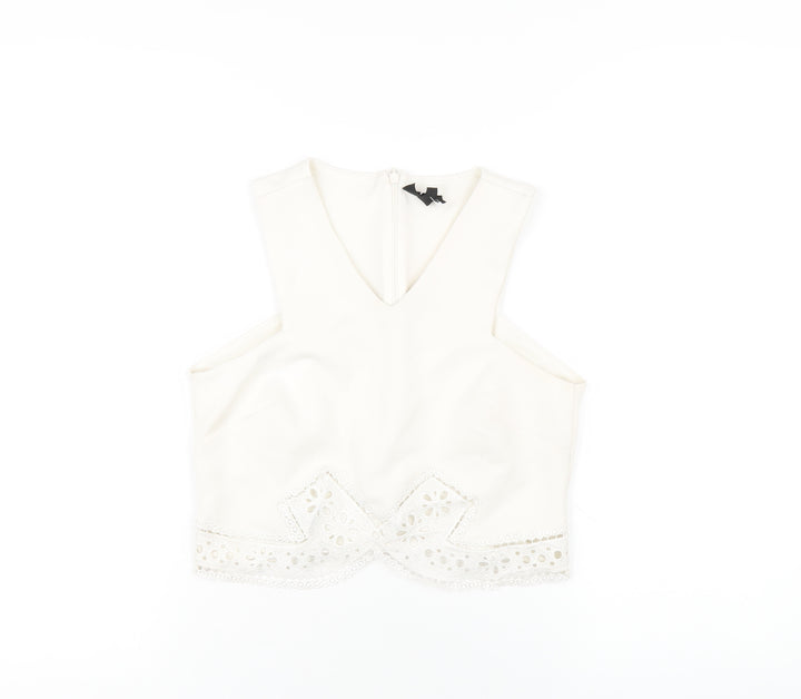Topshop Womens White Polyester Cropped T-Shirt Size 10 V-Neck