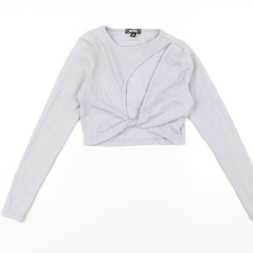 Missguided Womens Blue Polyester Cropped T-Shirt Size 6 Round Neck - Twist Front Cut Out