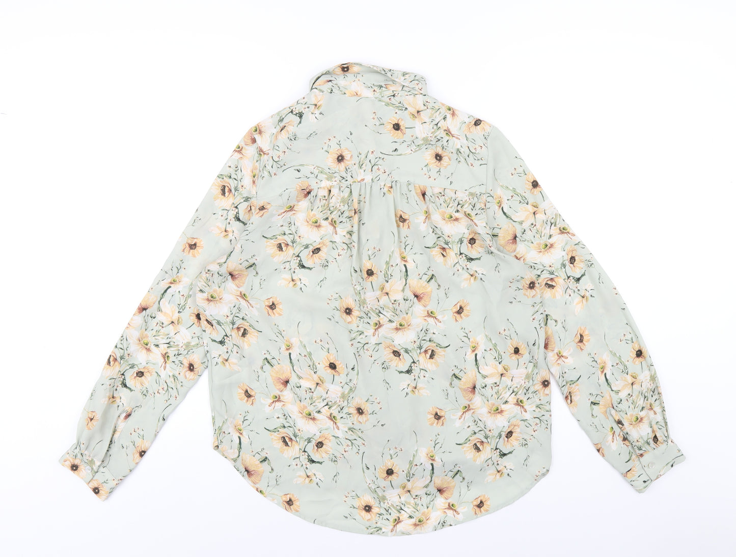 H&M Womens Green Floral Polyester Basic Button-Up Size 10 Collared