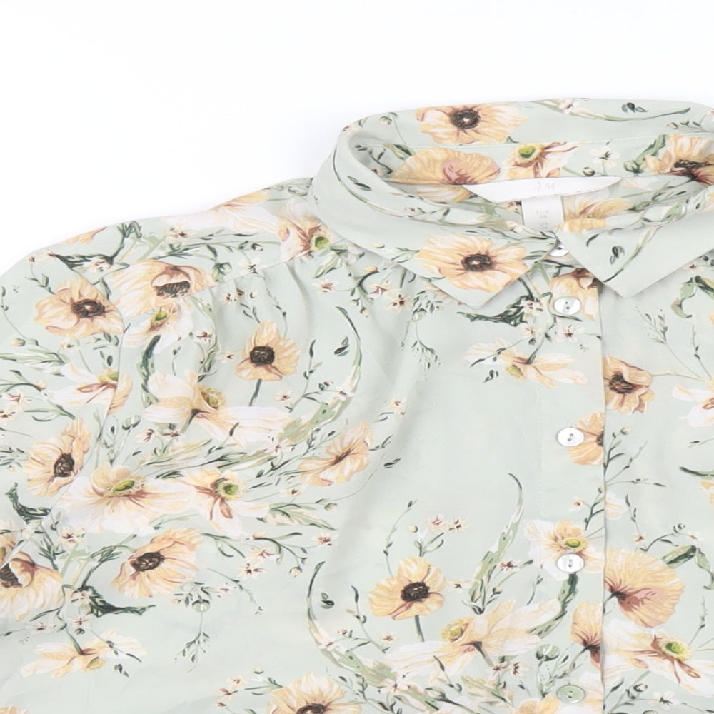 H&M Womens Green Floral Polyester Basic Button-Up Size 10 Collared