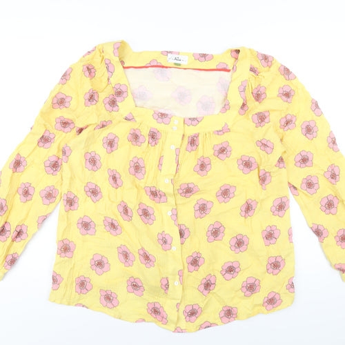 Anorak Womens Yellow Floral Cotton Basic Button-Up Size 16 Square Neck