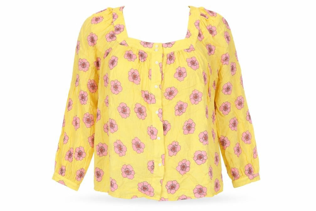 Anorak Womens Yellow Floral Cotton Basic Button-Up Size 16 Square Neck