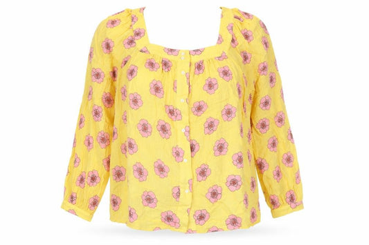 Front view of Anorak women’s yellow floral cotton basic button-up, size UK 16, square neck