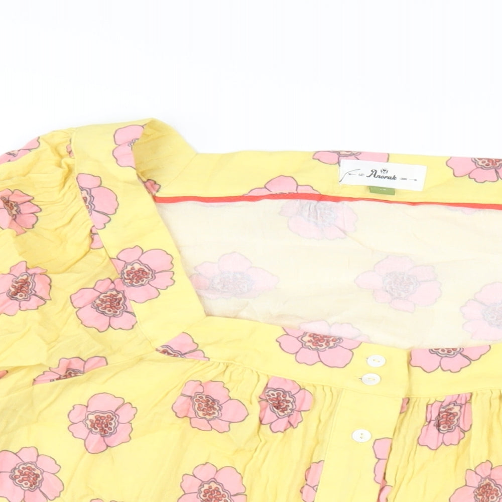 Anorak Womens Yellow Floral Cotton Basic Button-Up Size 16 Square Neck