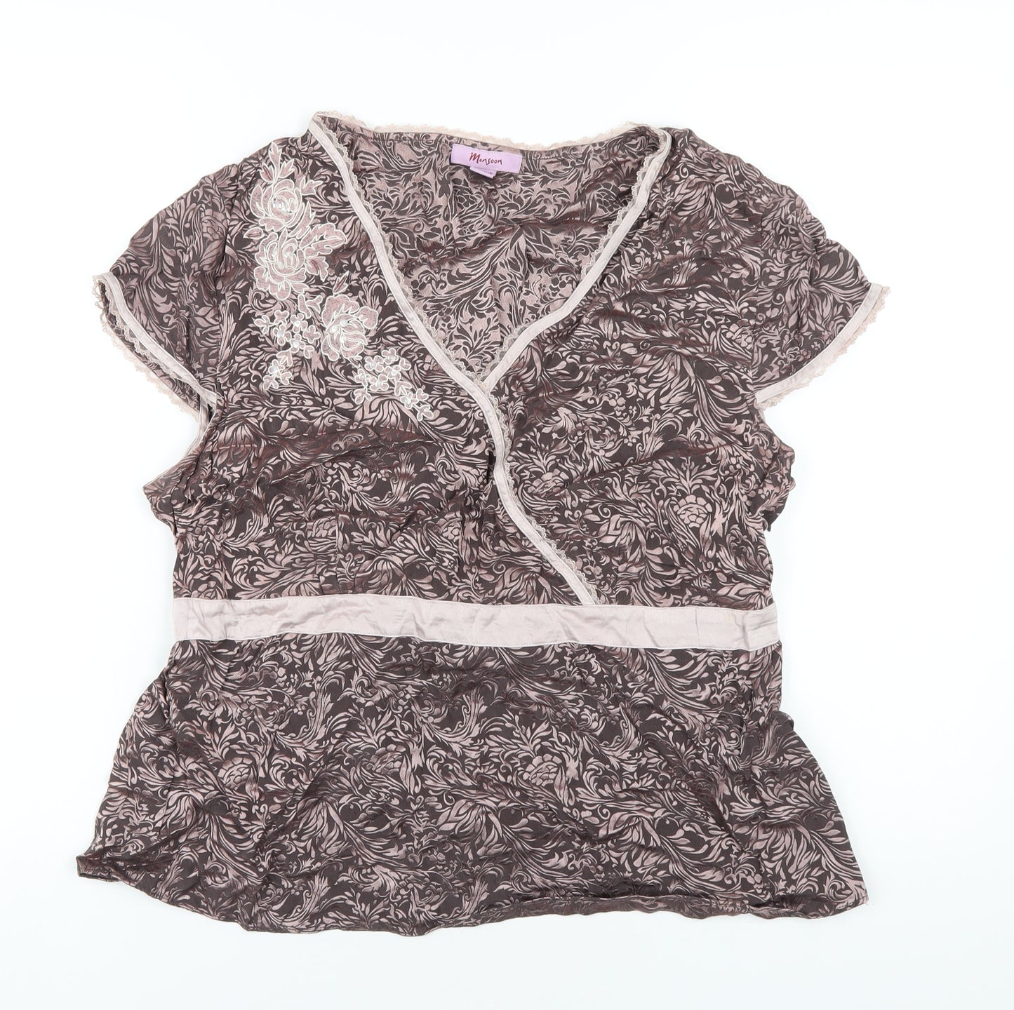 Monsoon Womens Pink Geometric Silk Basic T-Shirt Size 20 V-Neck