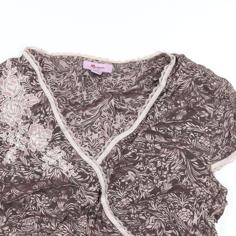 Monsoon Womens Pink Geometric Silk Basic T-Shirt Size 20 V-Neck