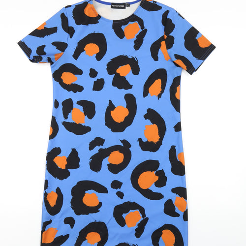 prettylitt Womens Blue Animal Print Polyester T-Shirt Dress Size 6 Round Neck Pullover - Leopard Print