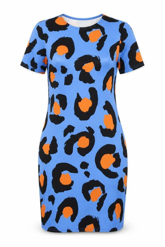 Front view of PRETTYLITTLETHING prettylitt women’s blue animal print polyester t-shirt dress, round neck pullover - leopard
