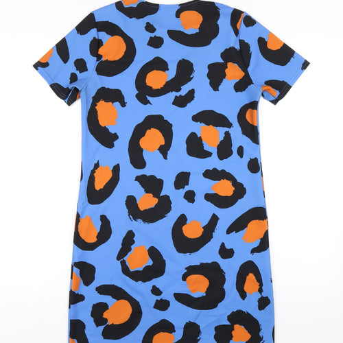 prettylitt Womens Blue Animal Print Polyester T-Shirt Dress Size 6 Round Neck Pullover - Leopard Print