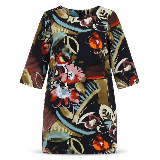 Front view of Marks & Spencer women’s multicoloured geometric polyester a-line, size UK 12, round neck pullover