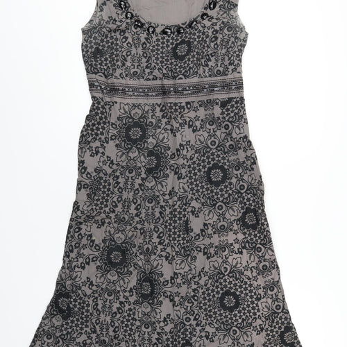Per Una Womens Grey Geometric Cotton A-Line Size 14 Scoop Neck Zip - Beaded Neckline