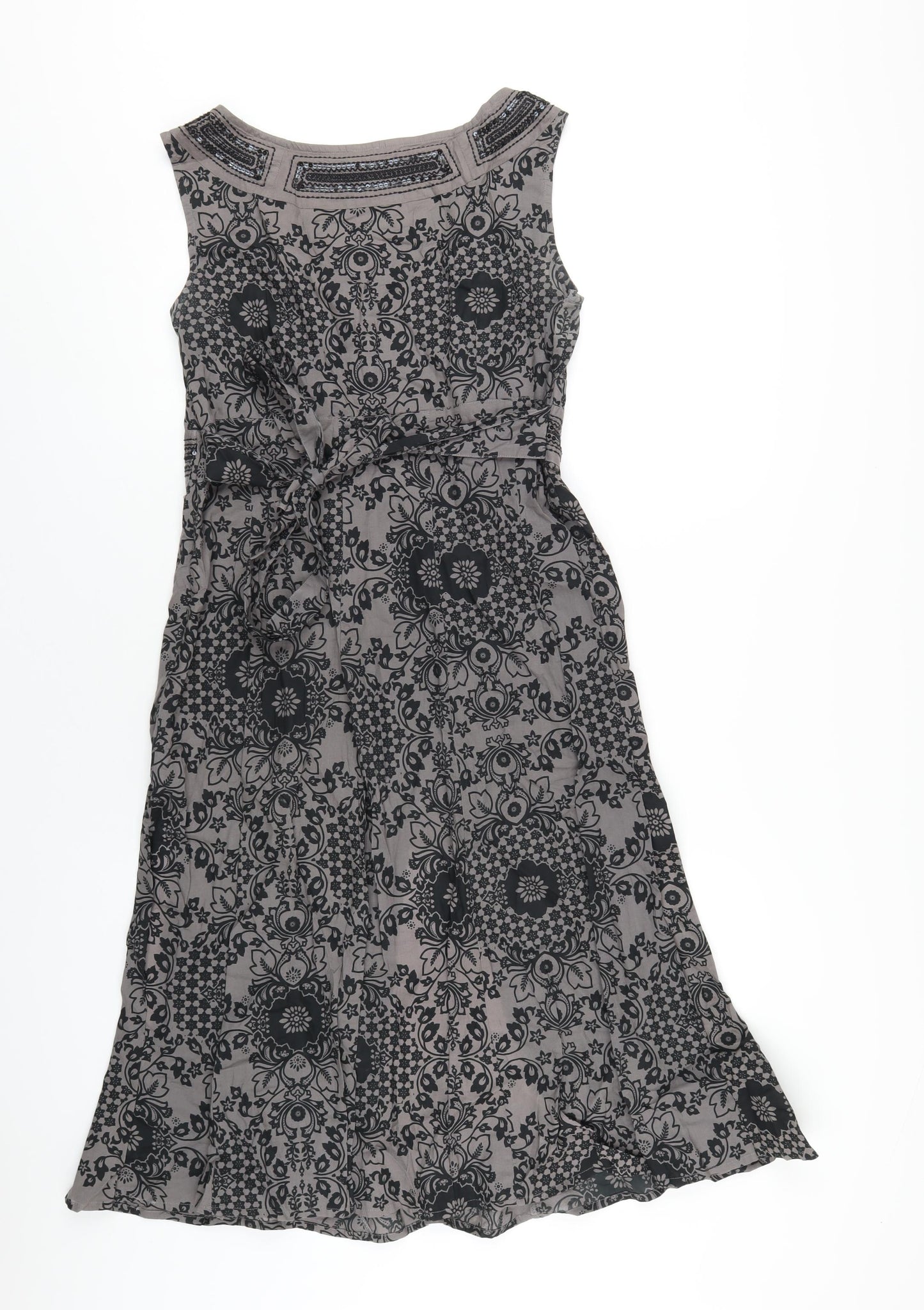 Per Una Womens Grey Geometric Cotton A-Line Size 14 Scoop Neck Zip - Beaded Neckline