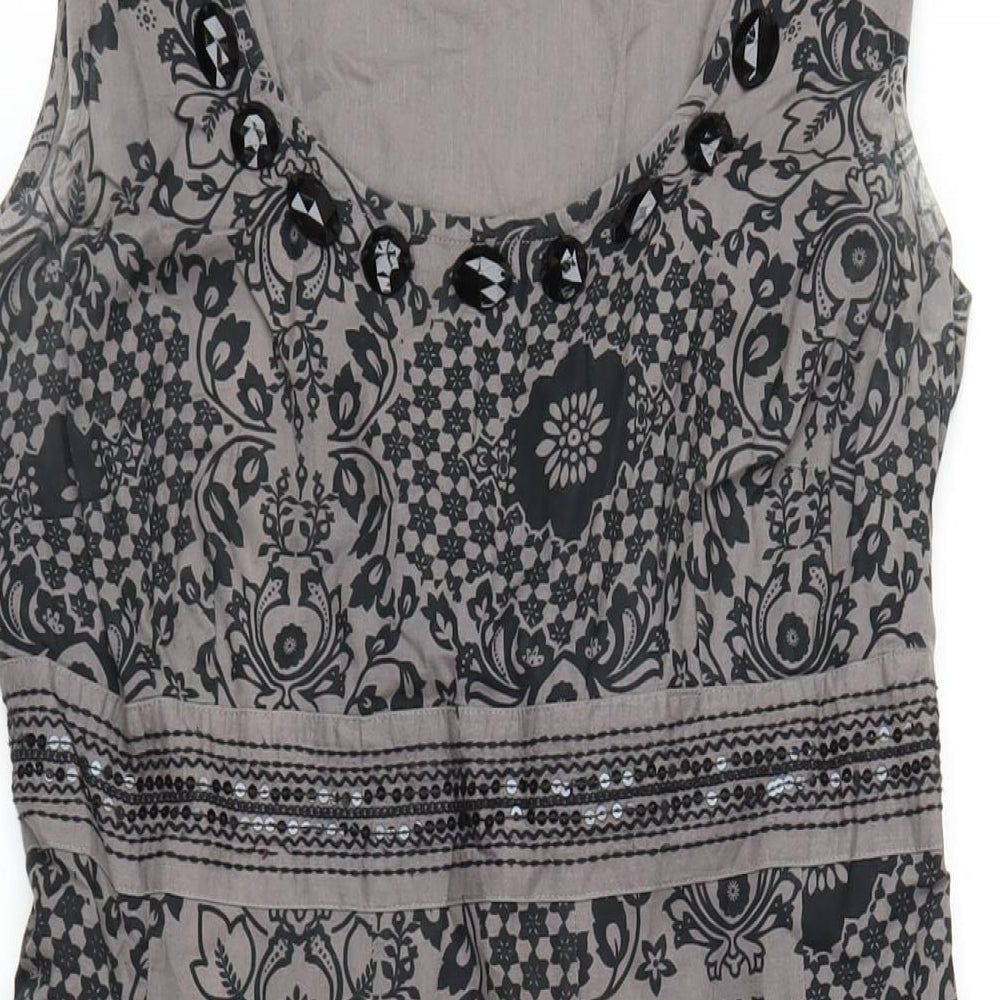 Per Una Womens Grey Geometric Cotton A-Line Size 14 Scoop Neck Zip - Beaded Neckline