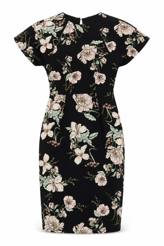 Front view of Oasis women’s black floral polyester bodycon, size UK 8, round neck zip