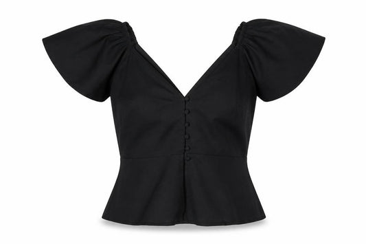 Front view of ASOS women’s black polyester basic blouse, size UK 8, v-neck