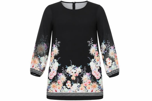 Front view of Lipsy women’s multicoloured floral polyester a-line, size UK 14, round neck zip